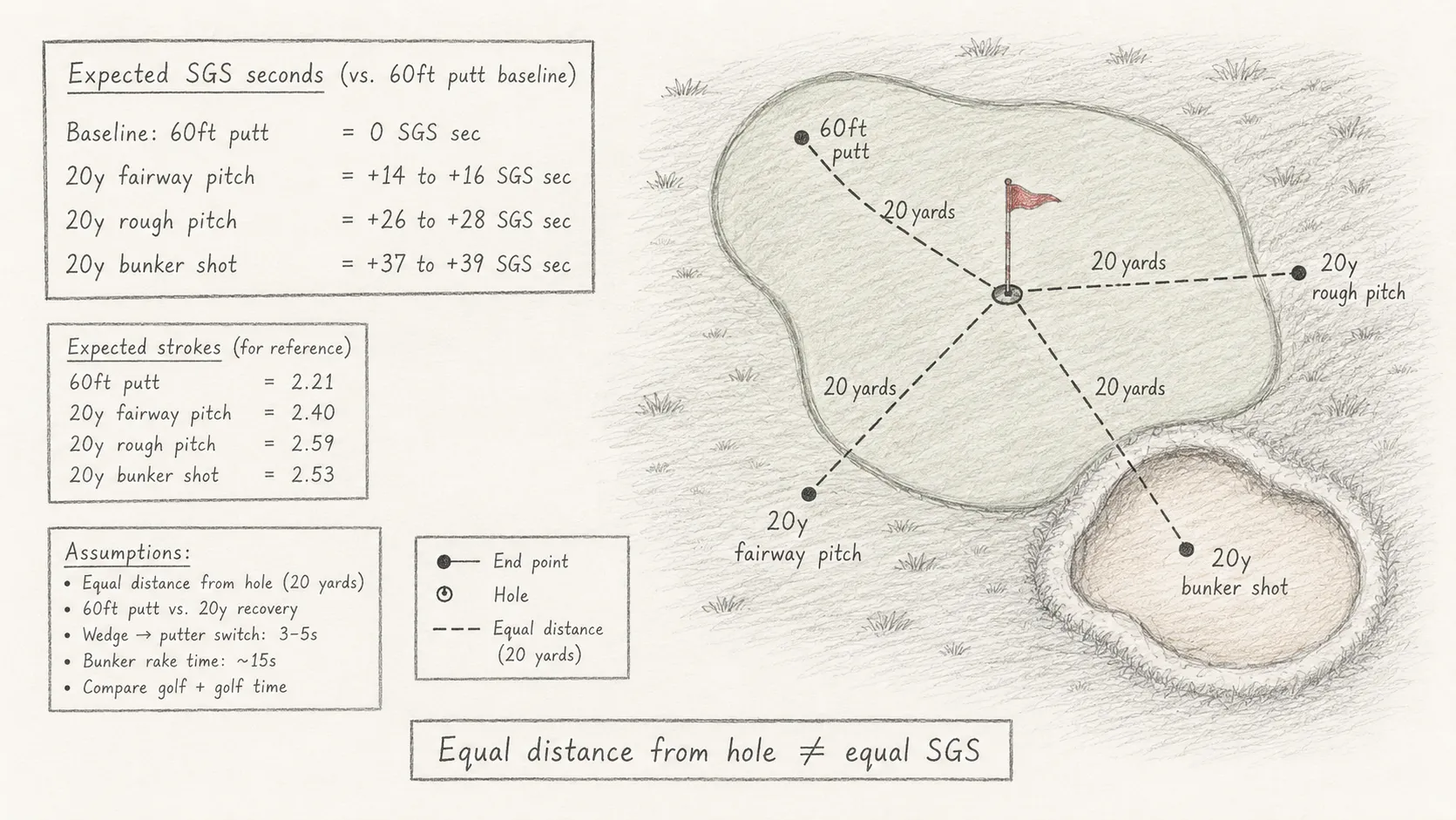 Diagram comparing the expected speedgolf score of a 60-foot putt with 20-yard shots from fairway, rough, and a bunker