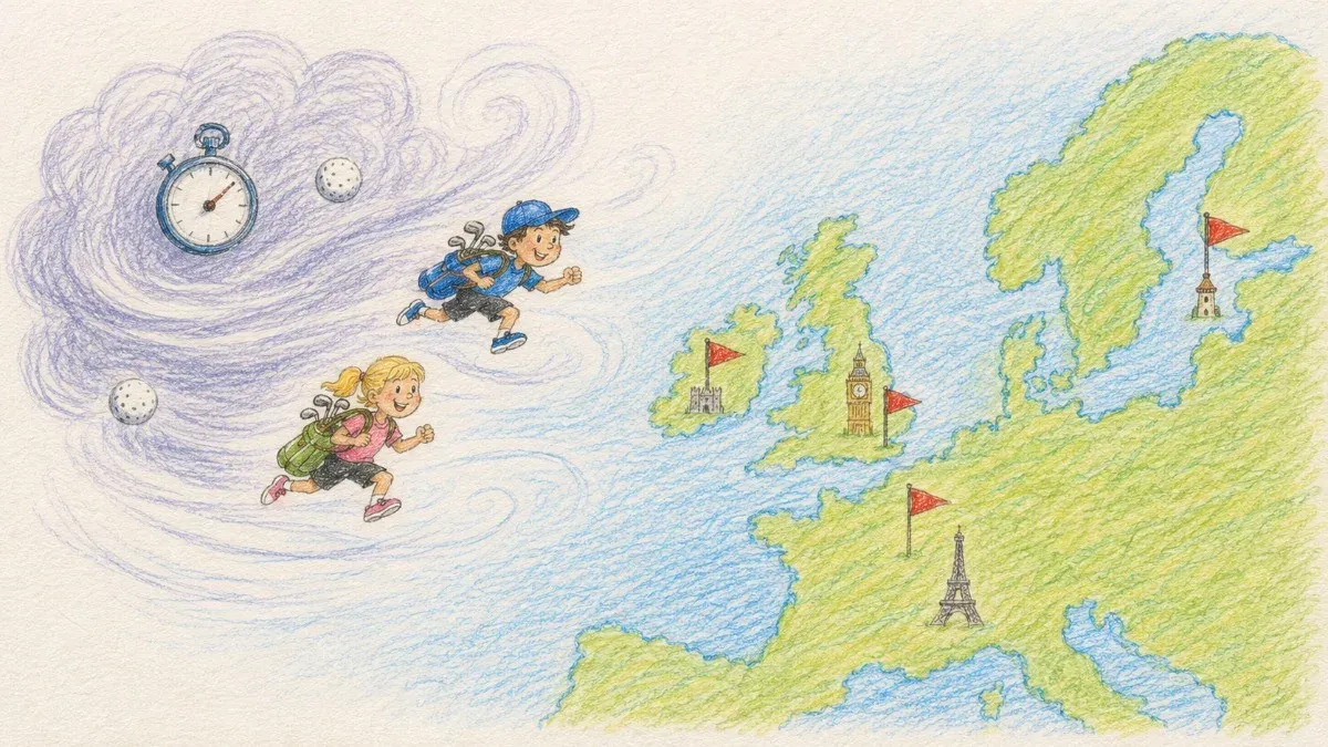 Illustration of speedgolfers racing across the Atlantic toward European tournament destinations