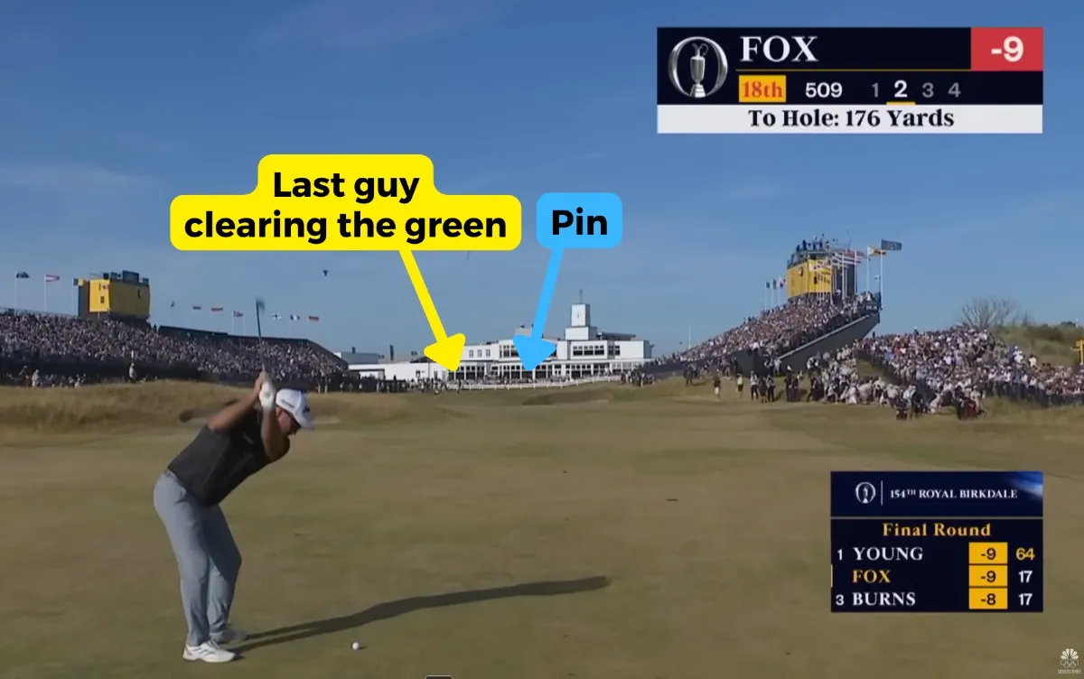 Ryan Fox strikes his approach on the 18th hole at The Open, before the group ahead has cleared the green.