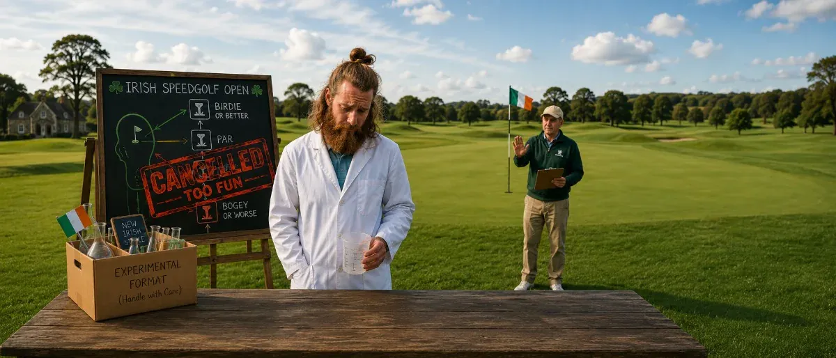Illustration of the Irish Speedgolf Open format being cancelled on a golf course