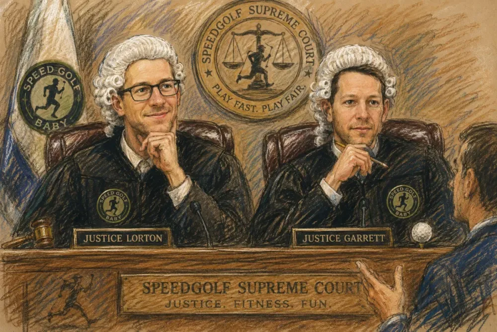Illustration of Justices Lorton and Garrett presiding over the Speedgolf Supreme Court