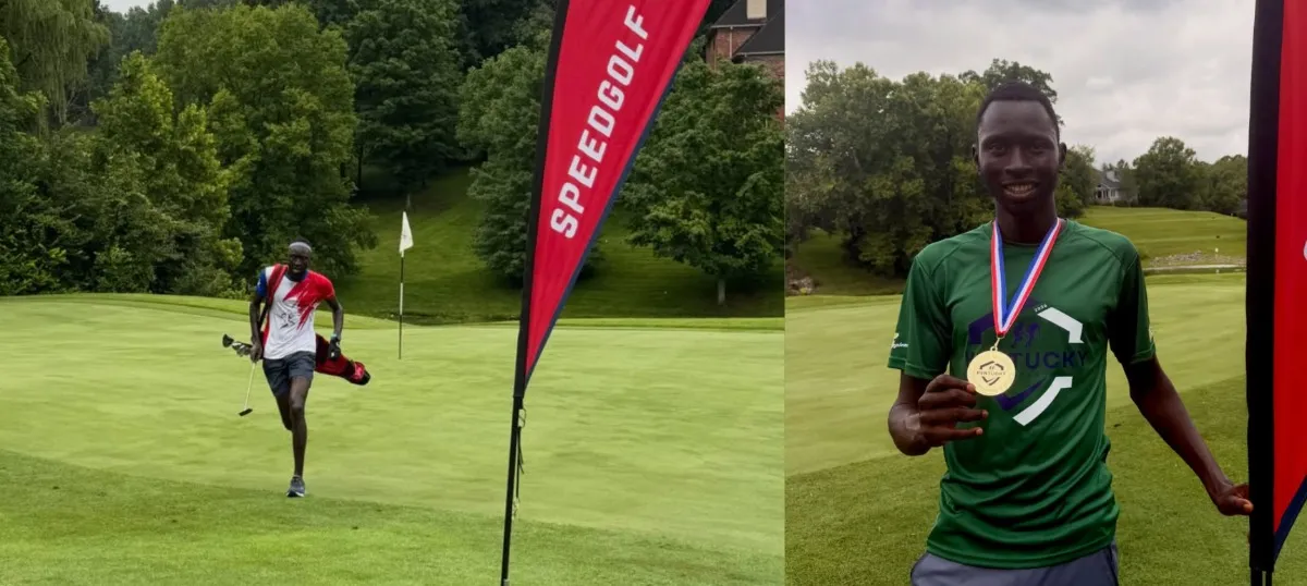 Gatjeak Gew runs toward the green and holds his medal after winning the Kentucky Speedgolf Open.
