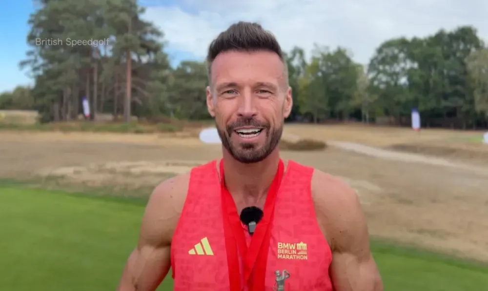James Hardy speaks on the course after winning the British Speedgolf Championship.