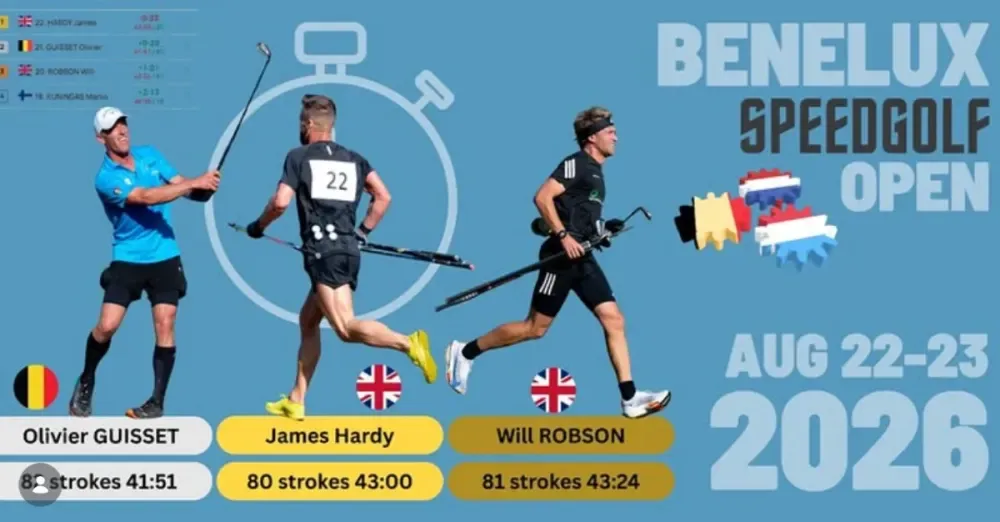 A BeNeLux Speedgolf Open graphic shows three leading players and their scores.