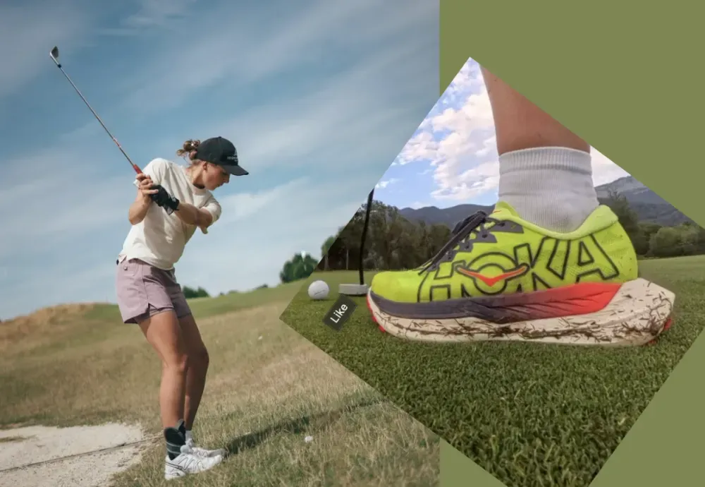Emily Mollard hits a golf shot beside a close-up of a HOKA shoe.