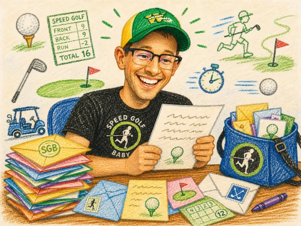 Illustration of a speedgolfer in a green cap reading a letter surrounded by scorecards, clubs, and running figures