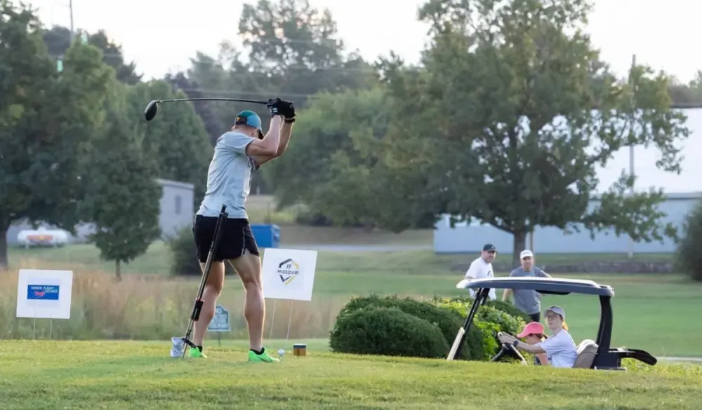 Nic Goodin hits a tee shot during the Missouri Speedgolf Open.