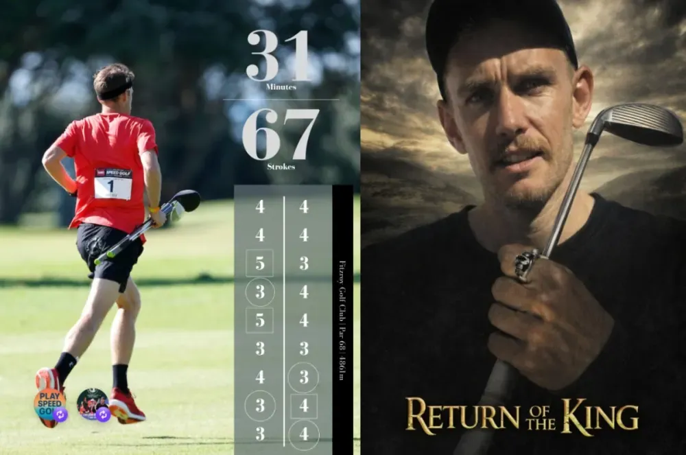 Split image showing a speedgolfer's 67-stroke, 31-minute scorecard and a Return of the King-themed portrait