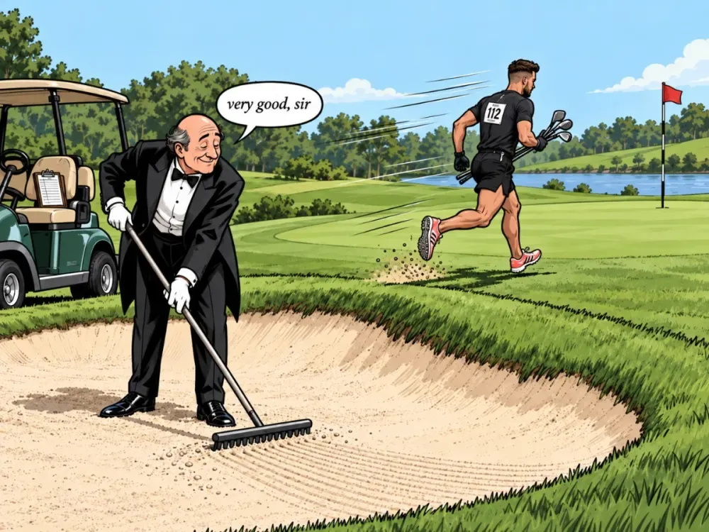 Illustration of a speedgolfer running while a formally dressed caddie rakes a bunker.