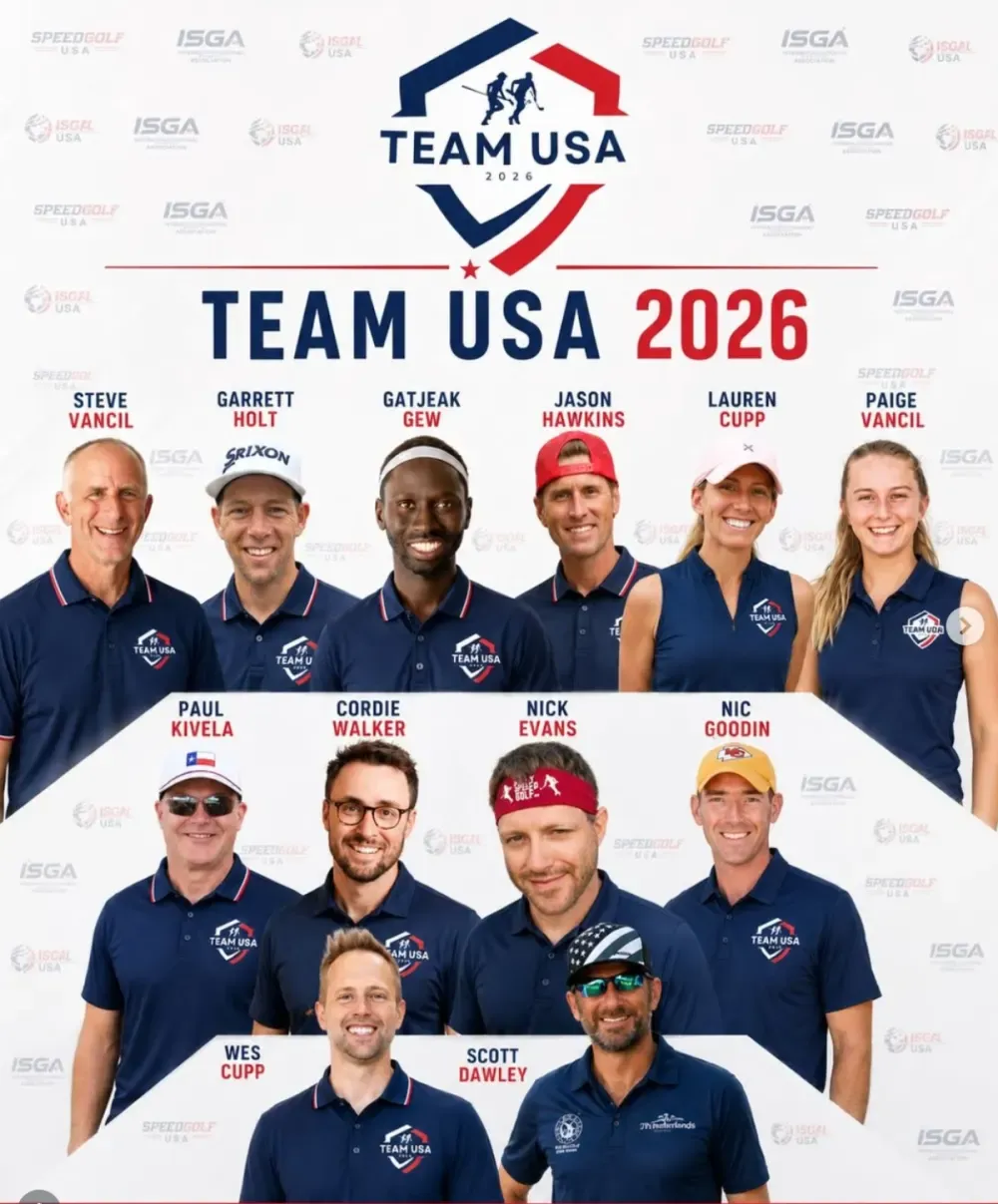 Team USA 2026 roster graphic featuring 14 selected speedgolfers