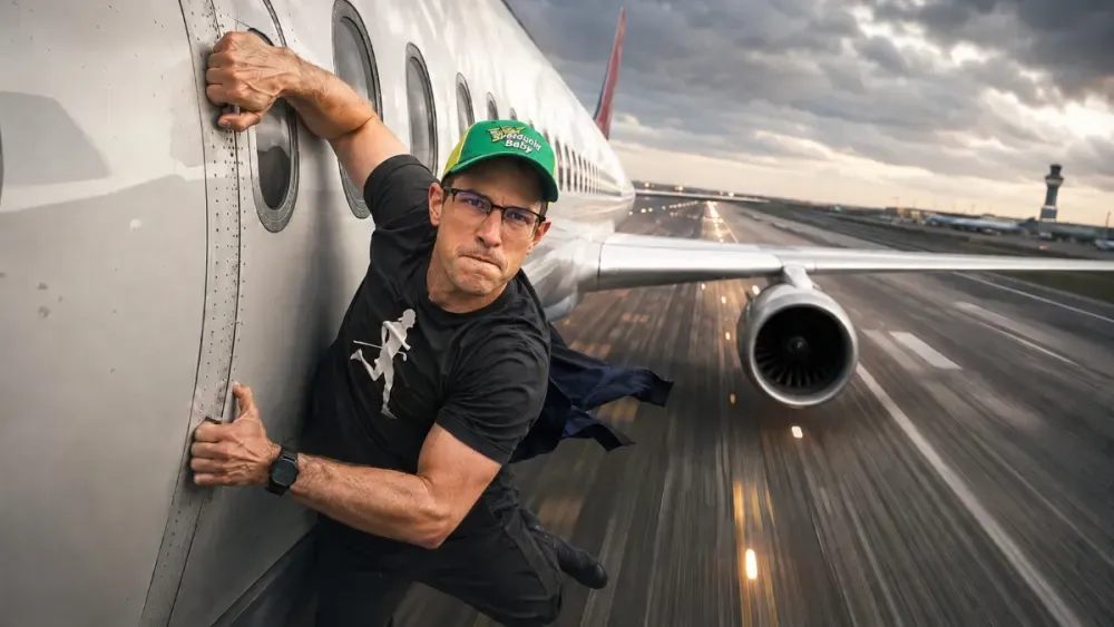 Illustration of Adam Lorton clinging to an airplane on the way to the Speedgolf World Championships.