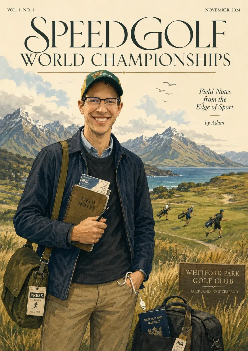 Illustrated Speedgolf World Championships field-notes cover featuring Adam Lorton