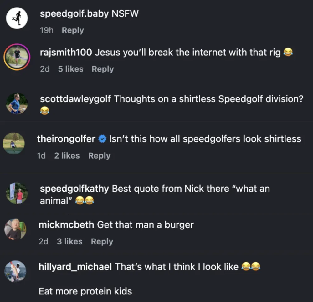 Screenshot of Instagram comments joking about James Hardy's shirtless post-round appearance