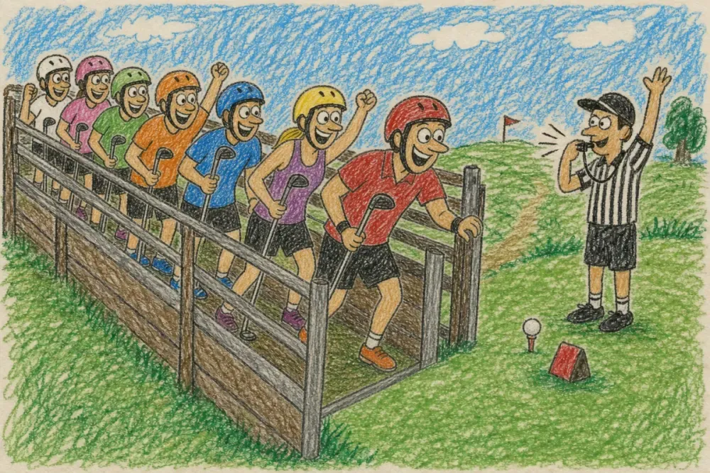 Illustration of helmeted speedgolfers waiting in a starting chute while an official signals.