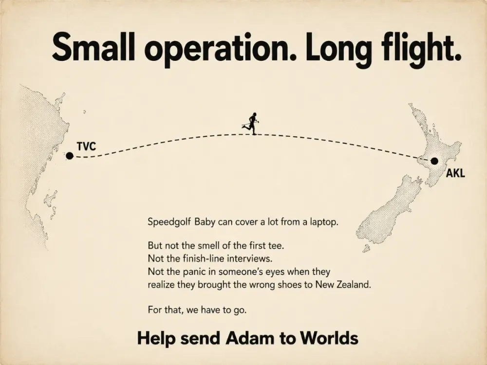 Fundraising graphic showing the route from Traverse City to Auckland with the message Small operation. Long flight.