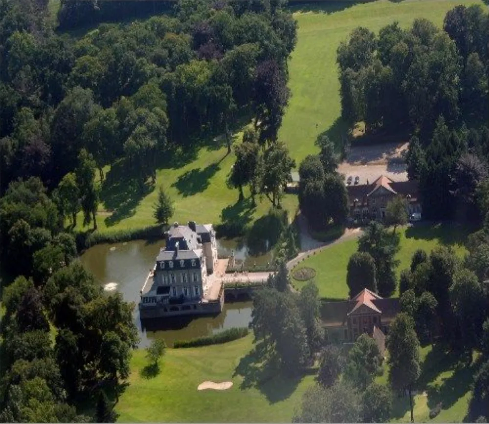 An aerial view of the island castle and golf course at ECPG Zwijnaarde near Ghent.