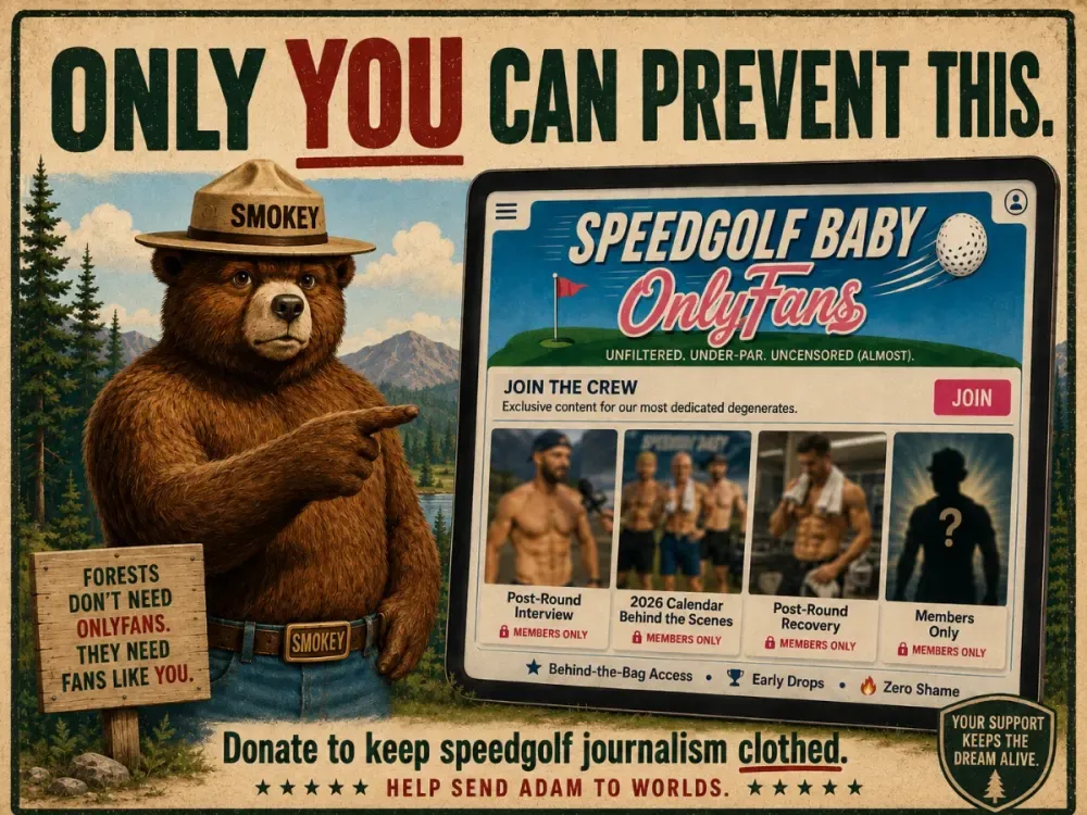 Satirical Speedgolf Baby fundraiser graphic featuring Smokey Bear and a fictional OnlyFans page