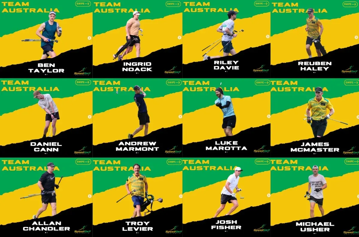 Speedgolf Australia Worlds team announcement graphic with multiple athlete photos