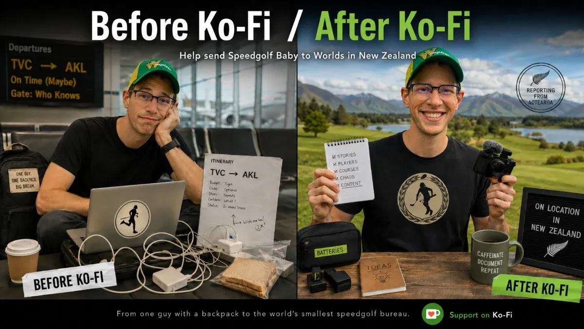 Before and after Ko-Fi fundraising graphic for Speedgolf Baby Worlds coverage