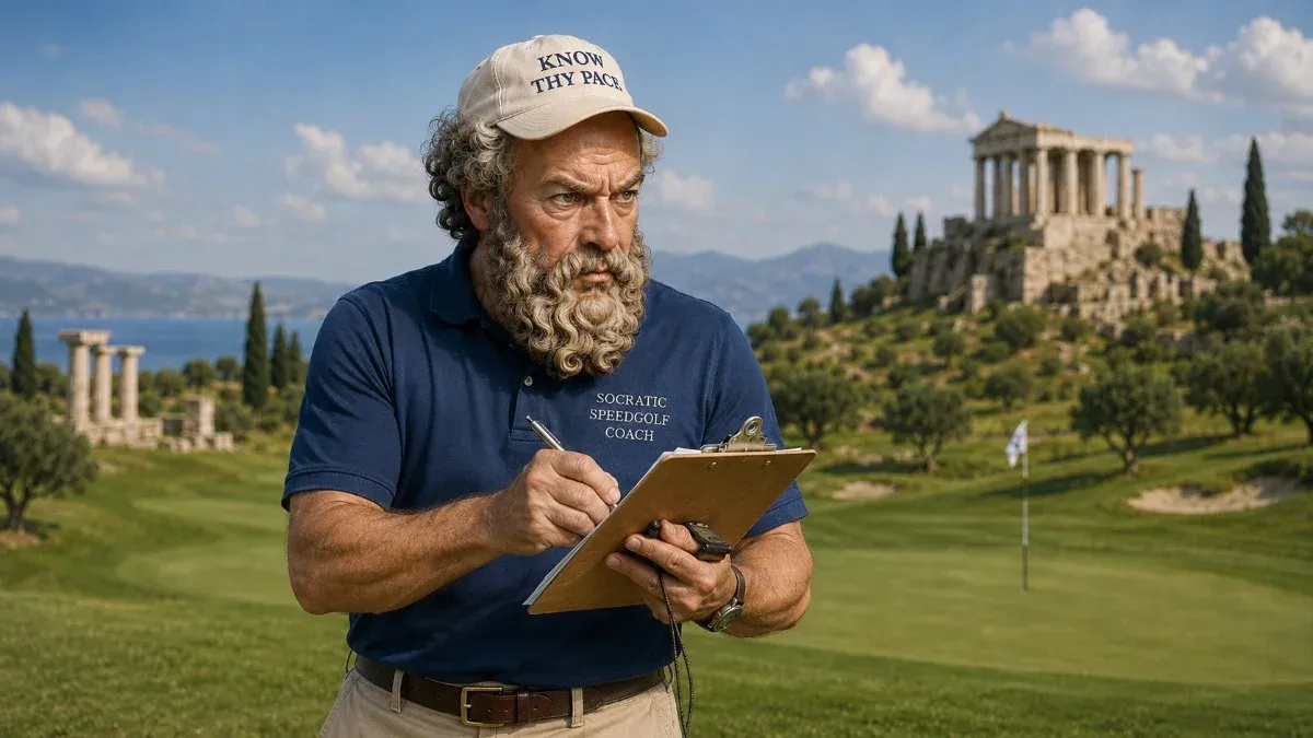 Socratic Speedgolf Coach character holding a clipboard on a golf course