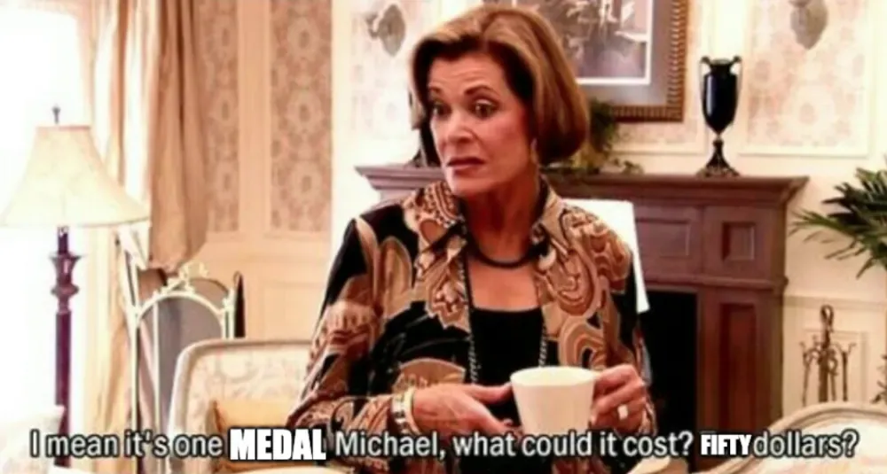A meme asks, 'It's one medal. What could it cost? Fifty dollars?'