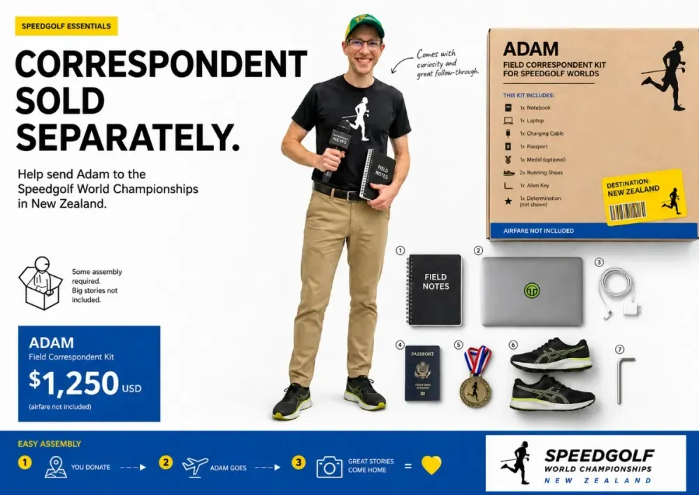 Fundraising graphic showing Adam's field-correspondent kit for the Speedgolf World Championships in New Zealand.