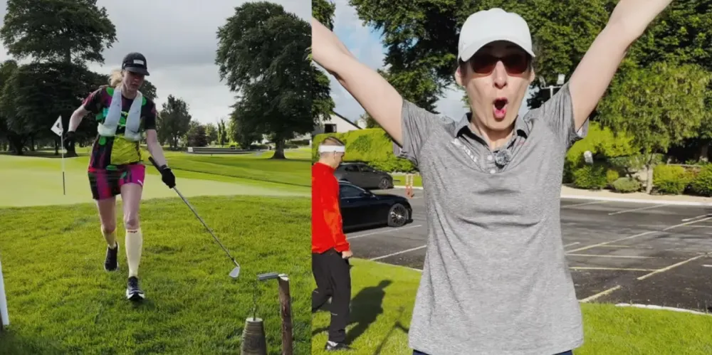 Kathy Leppard celebrating and Britta Uschkamp running with a golf club at Castlebar