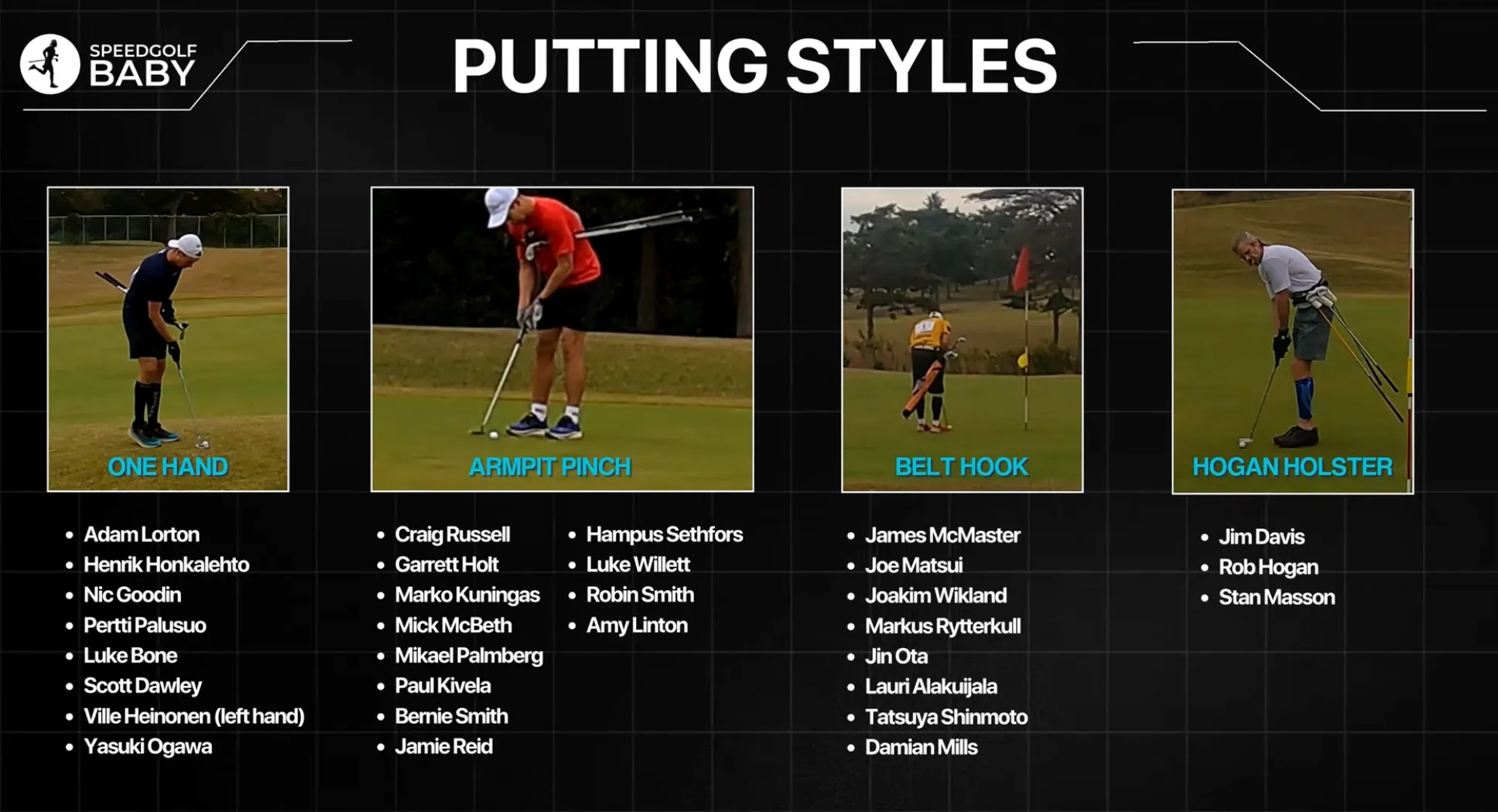 Four speedgolf putting styles: one hand, armpit pinch, belt hook, and Hogan holster
