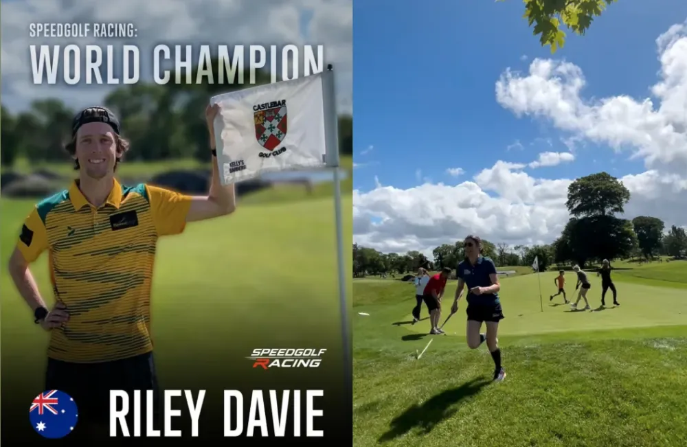 Riley Davie champion graphic beside Irish Open time trial action on a green