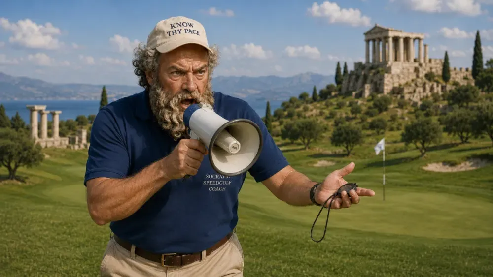 Socratic Speedgolf Coach holding a megaphone on a golf course