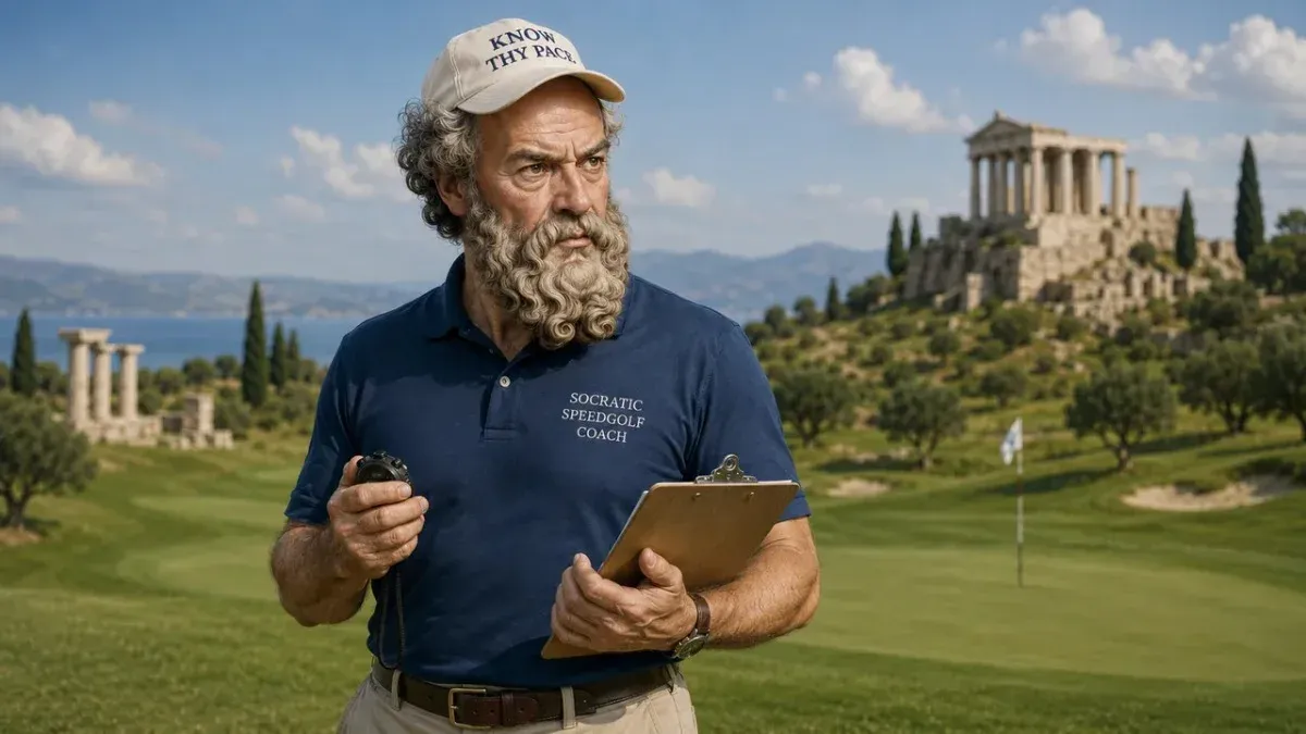 The Socratic Speedgolf Coach holding a stopwatch and clipboard on a golf course in ancient Greece
