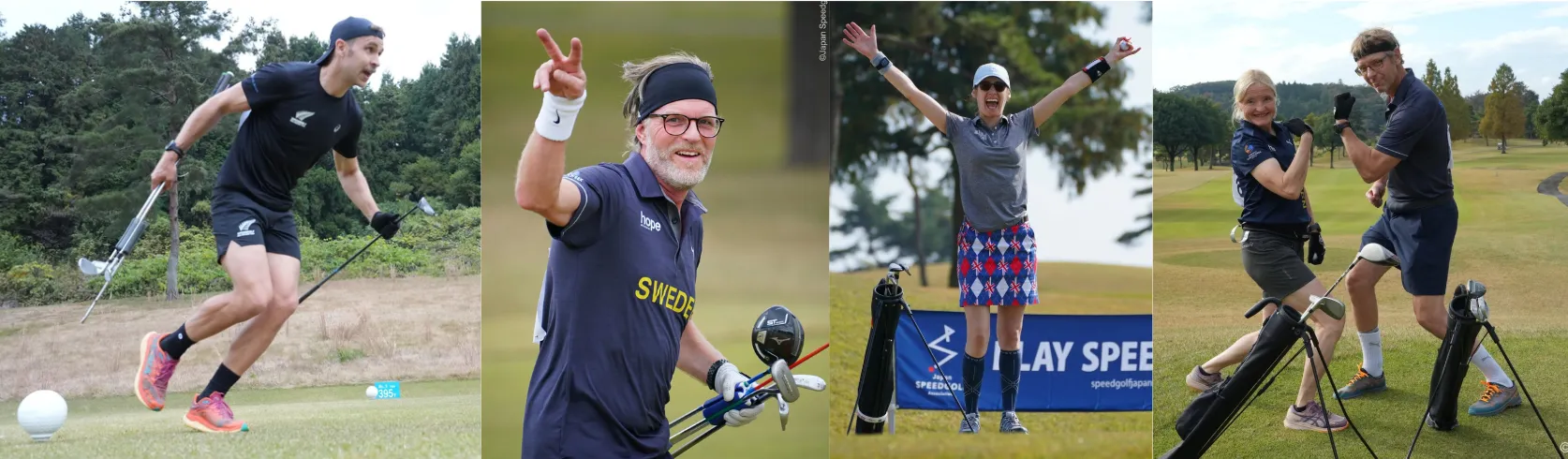 Speedgolfers running, carrying clubs, and celebrating on the course